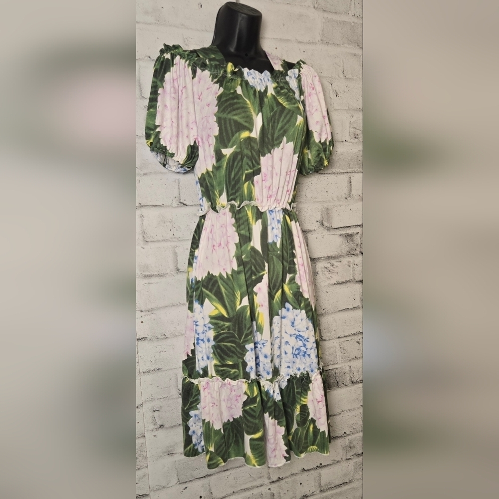 HQ Fashion Green Floral Hydrangea Dress Puff Sleeve Ruffle Hem L - Picture 3 of 12